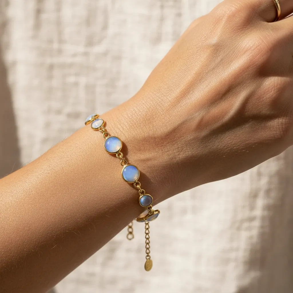 Opalite chain necklace and matching beaded bracelet set in gold