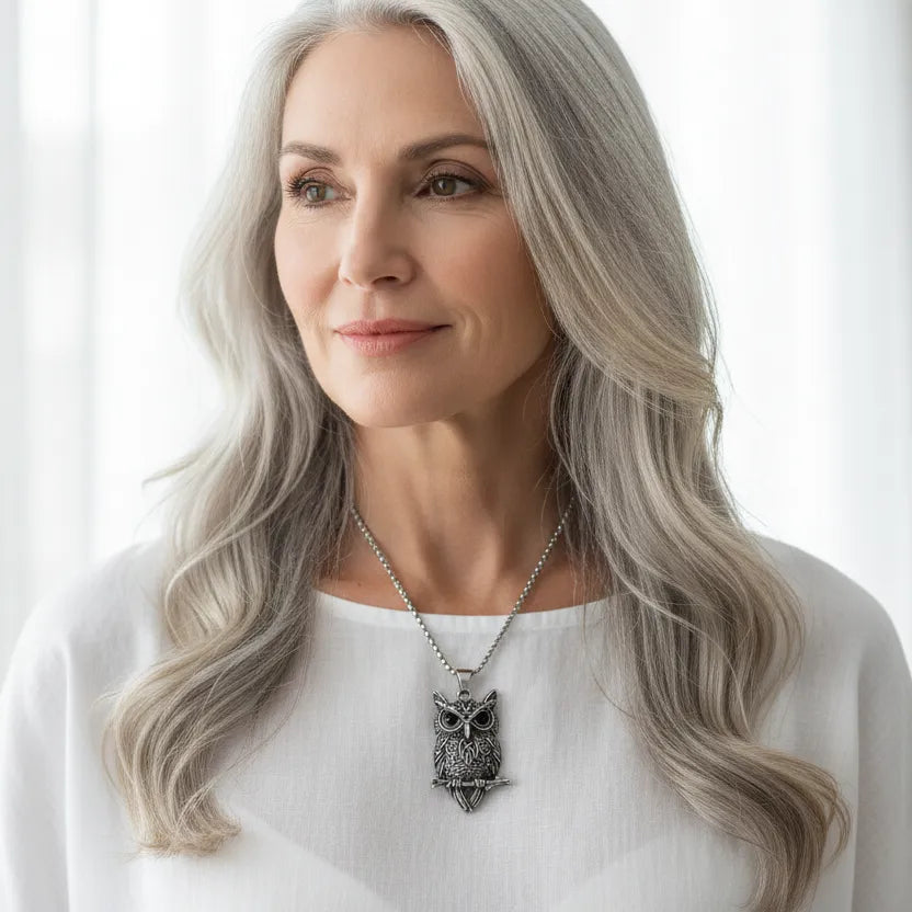 Woman wearing a silver owl pendant necklace — spirit animal jewelry for wisdom