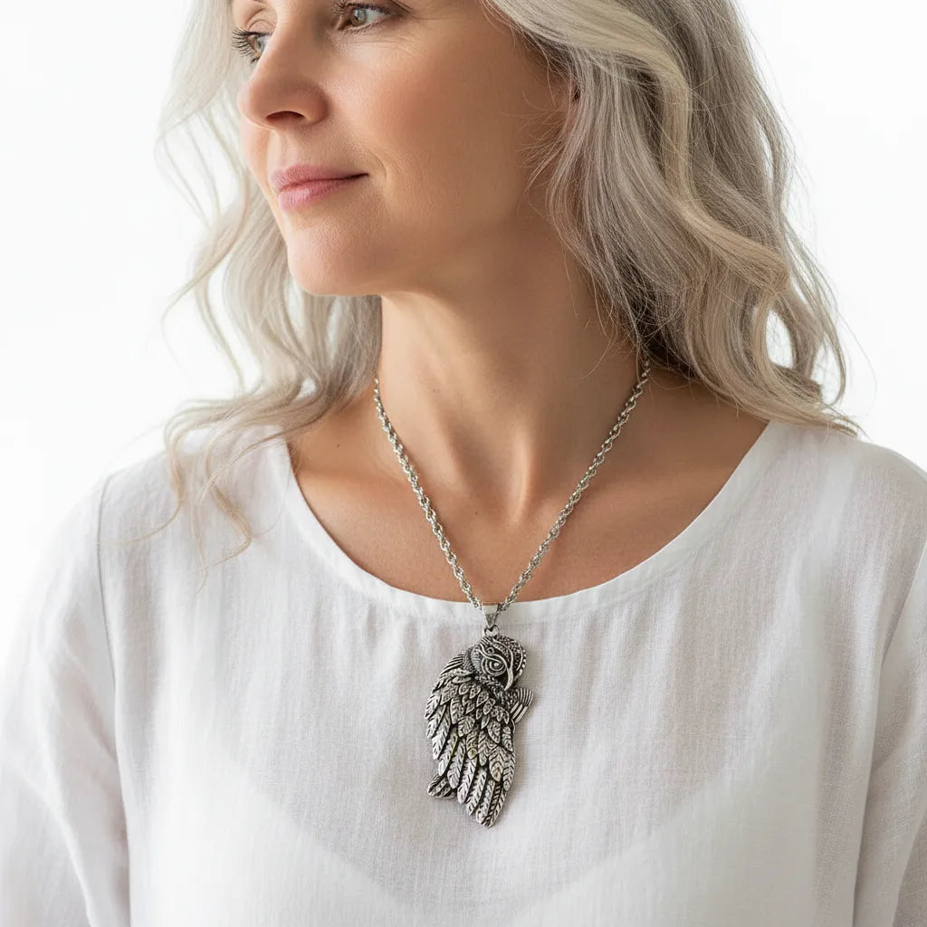Woman wearing an owl pendant necklace, spirit animal jewelry
