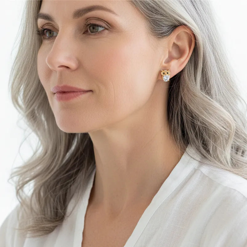 Owl stud earrings set with zircon, spirit animal jewelry