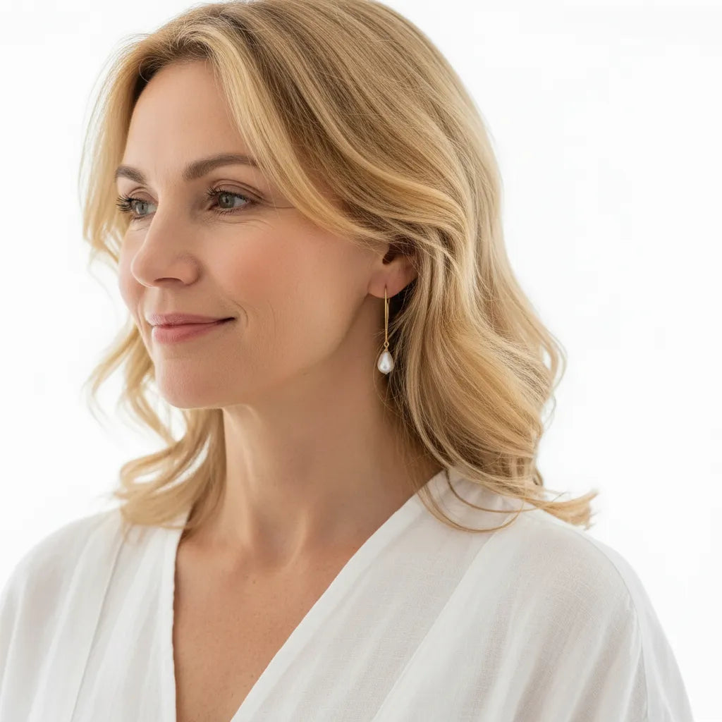 Woman wearing long gold pearl drop earrings, June birthstone jewelry