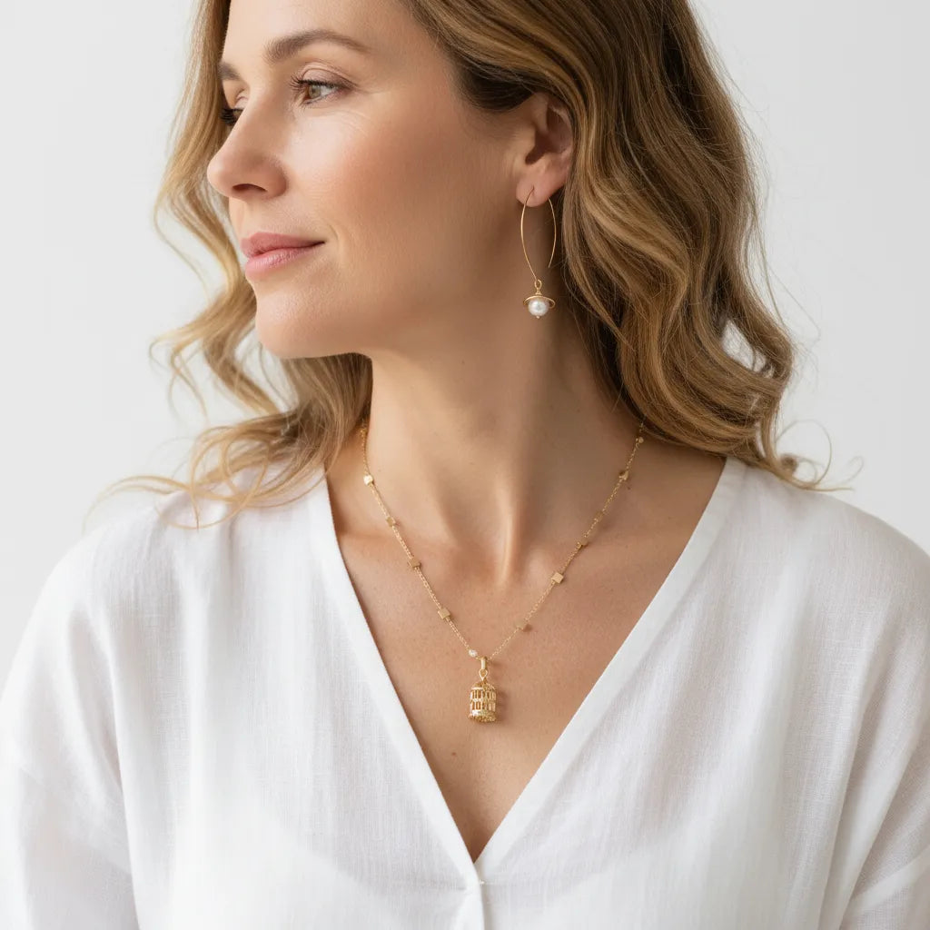 Woman wearing gold crystal bird cage necklace with planetary pearl drop earrings
