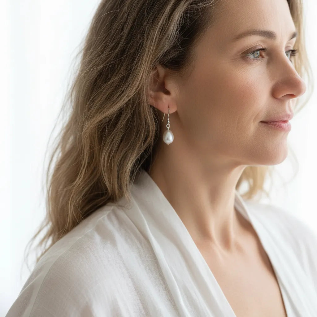 Silver pearl drop earrings with leverback and shepherd hook earwires