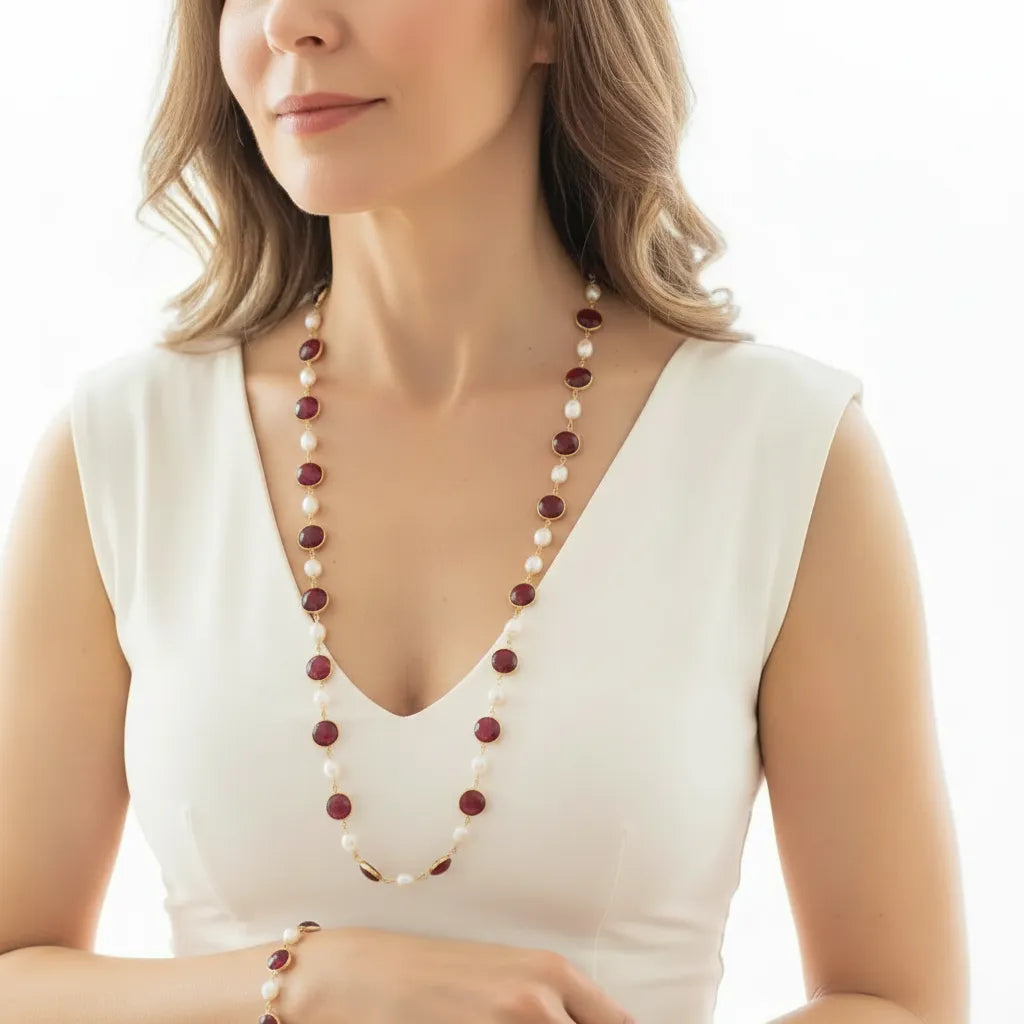 Woman wearing a pink tourmaline and pearl chain necklace, October birthstone jewelry
