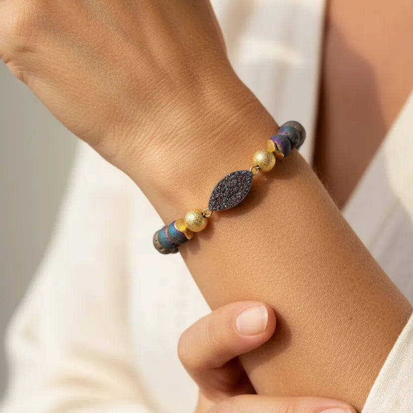 Woman wearing a purple druzy stretch bracelet