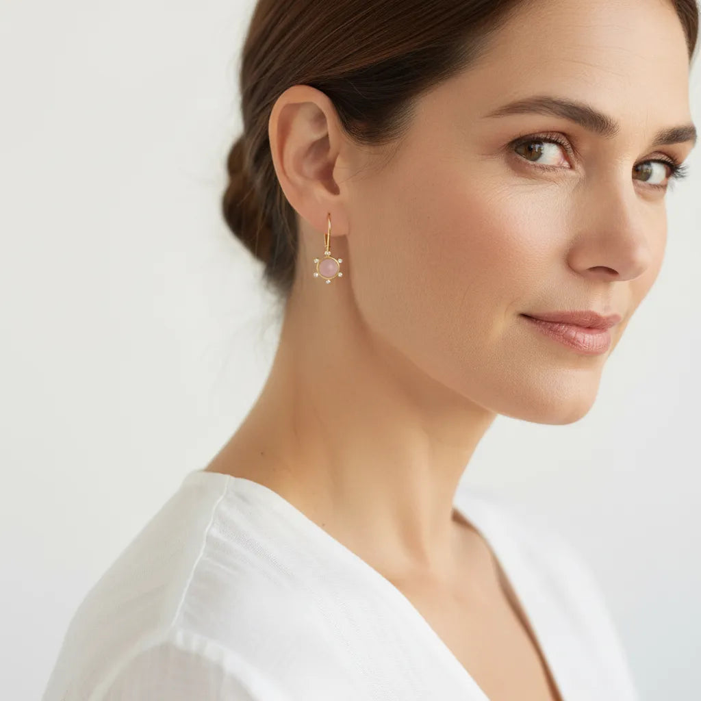 Rose pink gemstone drop earrings in gold