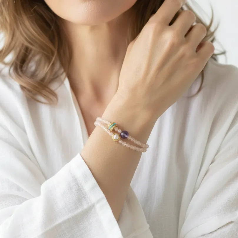 Rose quartz double strand bracelet with pearl, amethyst and a floating gold charm, heart chakra jewelry