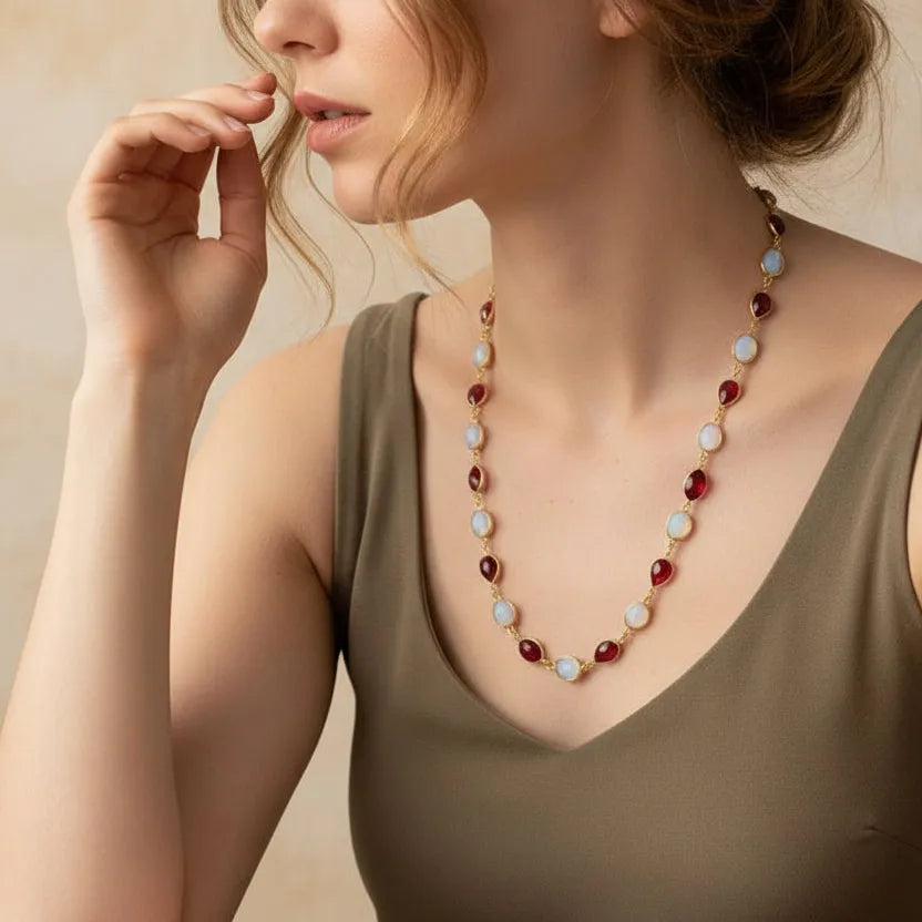 Gold opalite and ruby quartz layering necklace, June and July birthstone jewelry