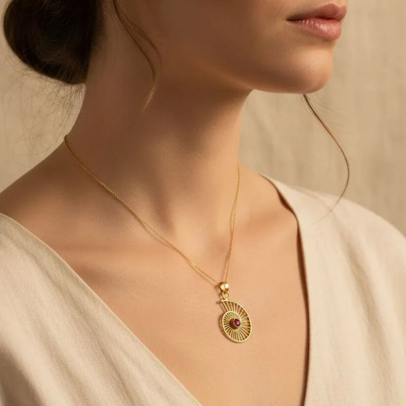 Ruby red shell pendant necklace in gold, July birthstone jewelry
