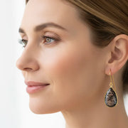 Woman wearing black rutilated quartz pear drop earrings — 12 x 20mm bezel-set stones