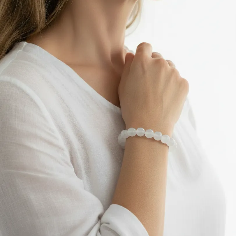 Selenite round bead stretch bracelet, crown chakra jewelry