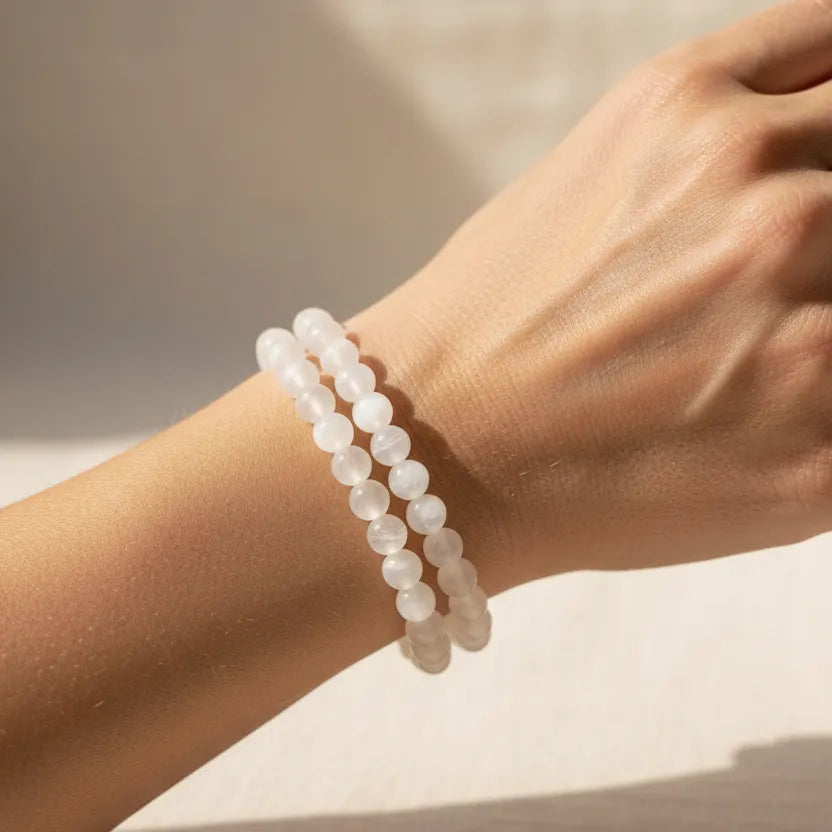 Woman wearing a selenite bracelet stack