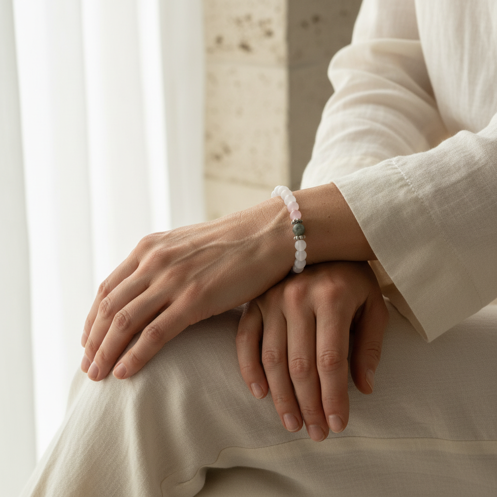 Woman wearing the selenite, labradorite and rose quartz stretch bracelet on her wrist