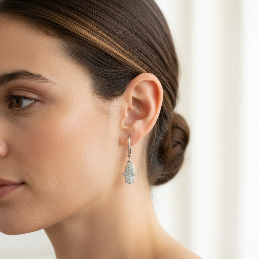 Woman wearing a silver plated crystal hamsa hand earring on a leverback