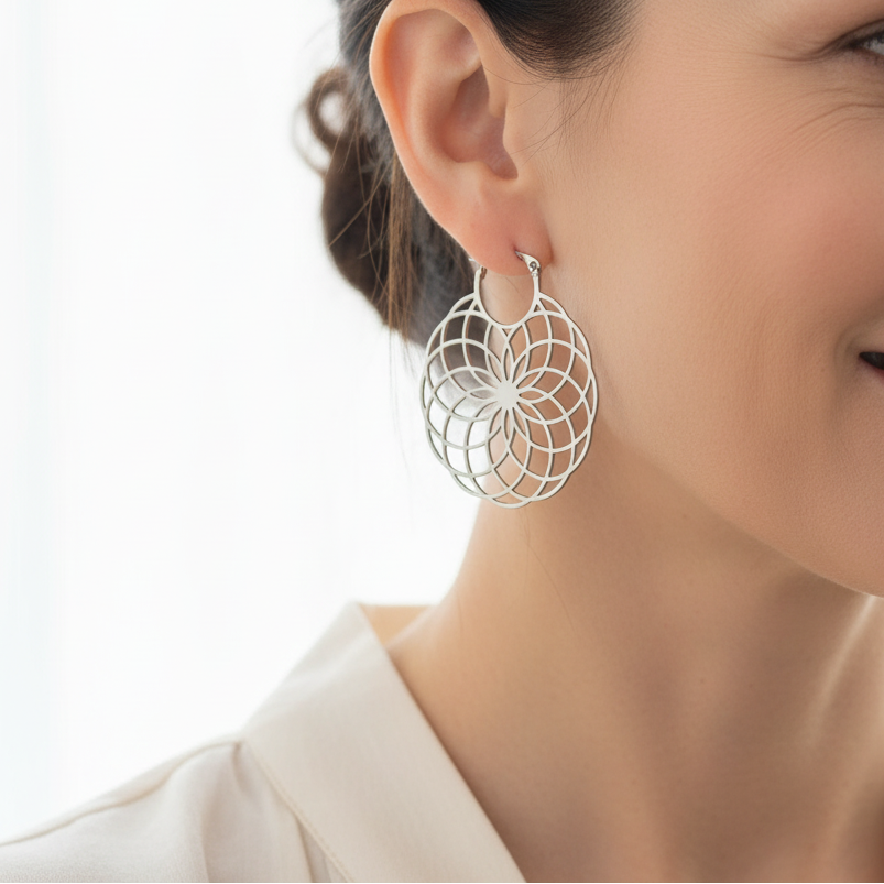 Woman wearing silver flower of life earrings — sacred geometry jewelry for balance and unity