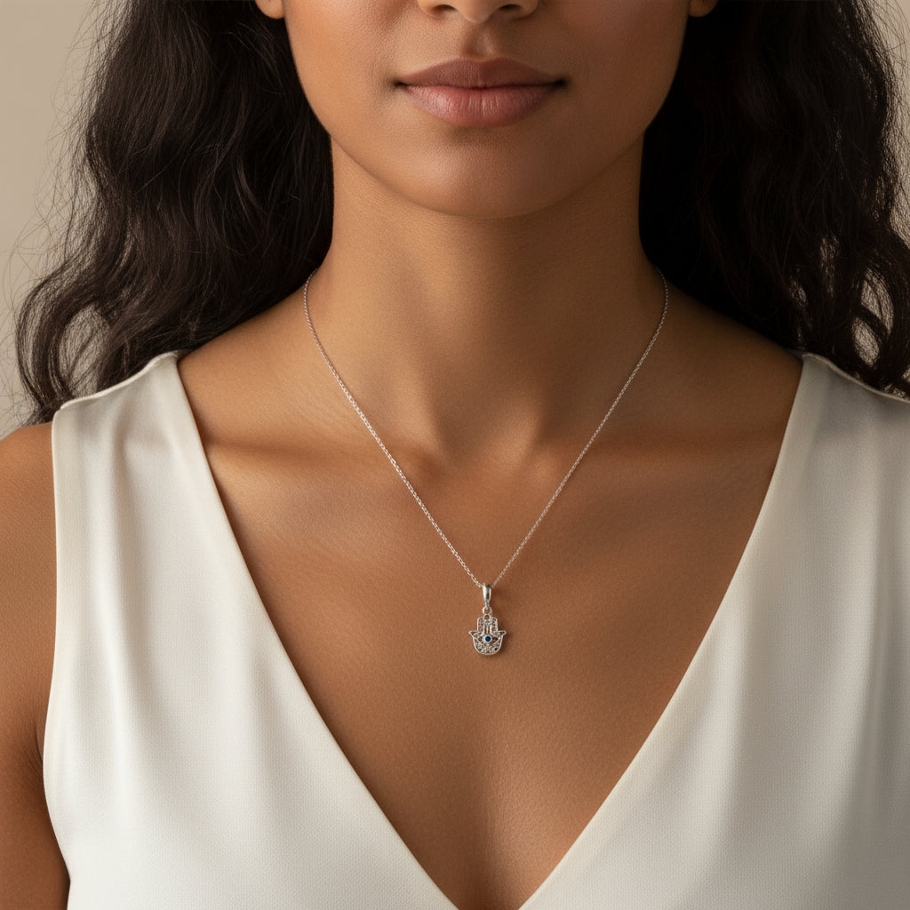 Cut-out sterling silver hamsa hand pendant worn on a chain at the collarbone
