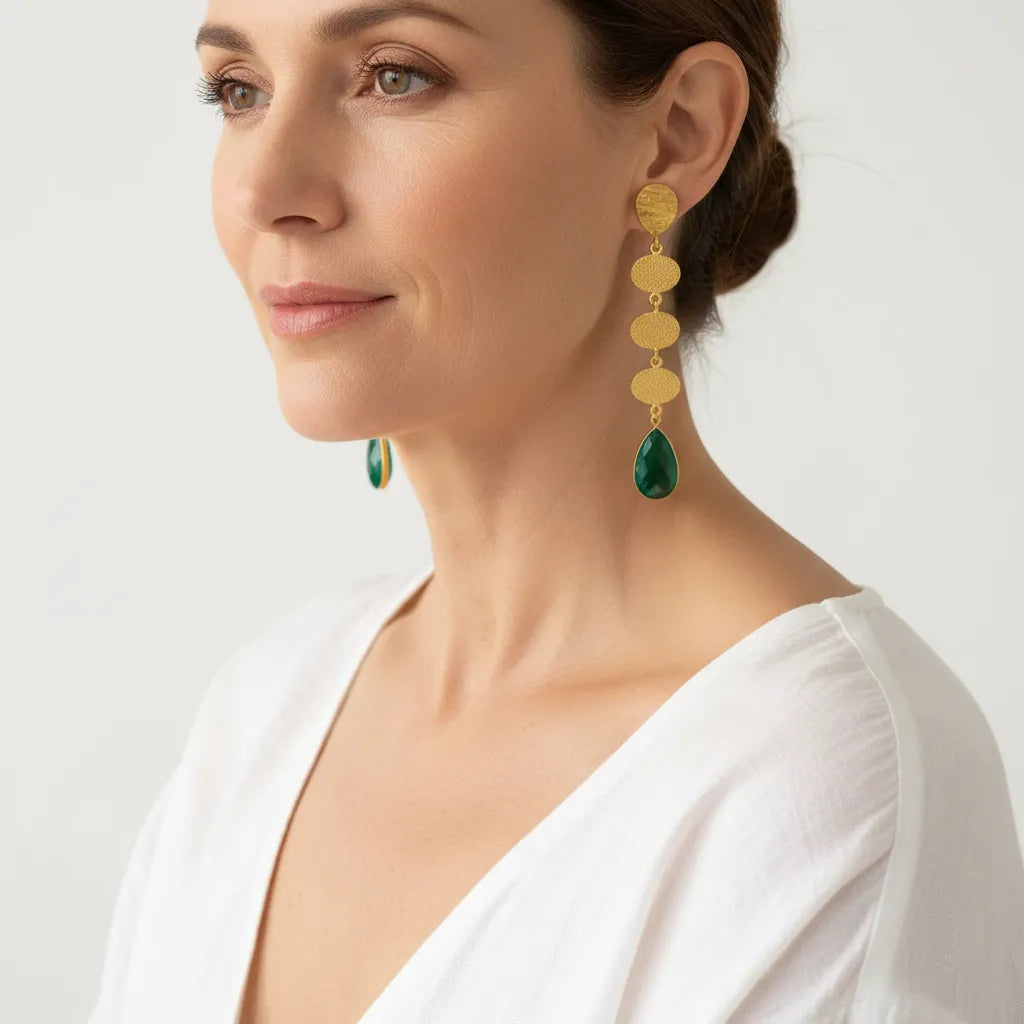Emerald green faceted statement earrings in gold, May birthstone jewelry