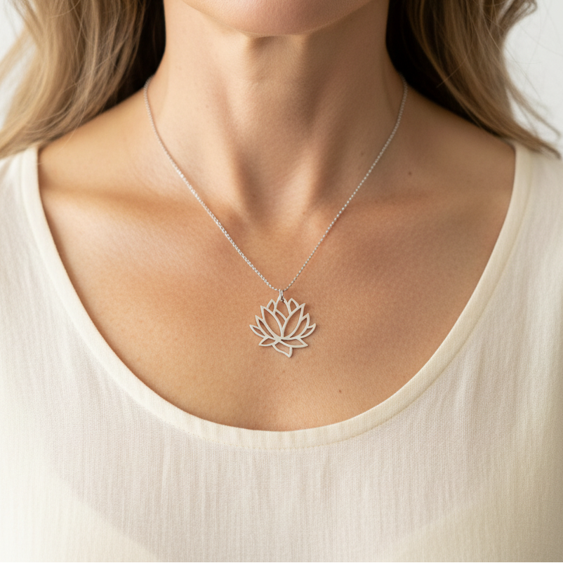 Woman wearing a large sterling silver lotus flower necklace — spiritual symbol jewelry for renewal