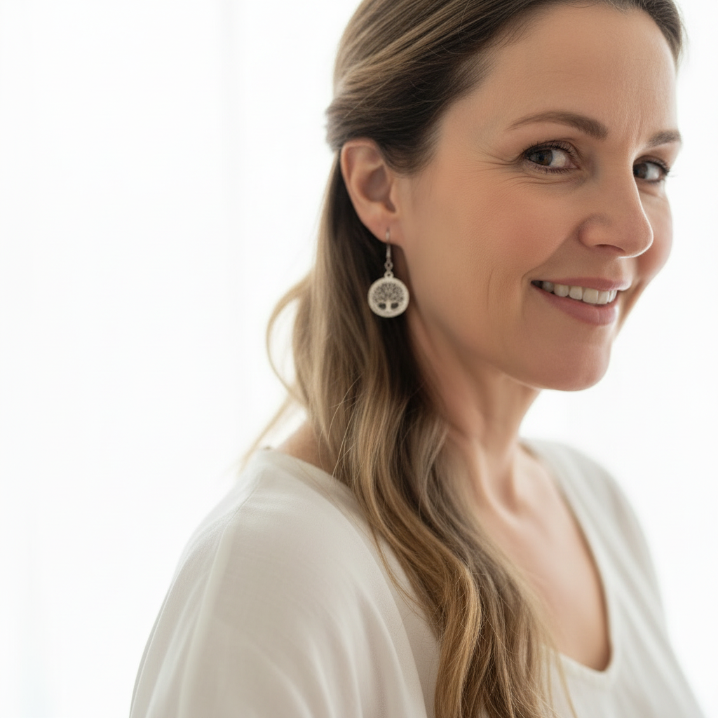 Silver tree of life drop earrings with crystal halo on a Mystic Soul Jewelry card — spiritual symbol jewelry for growth
