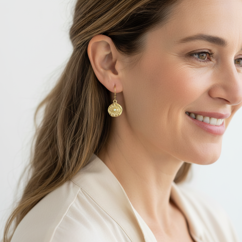 Woman wearing gold third eye medallion leverback earrings — third eye chakra jewelry