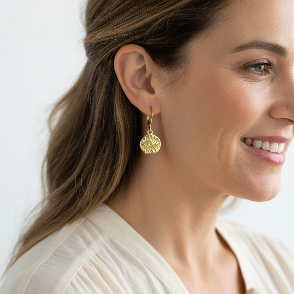 Woman wearing gold third eye mini medallion leverback earrings — jewelry for intuition