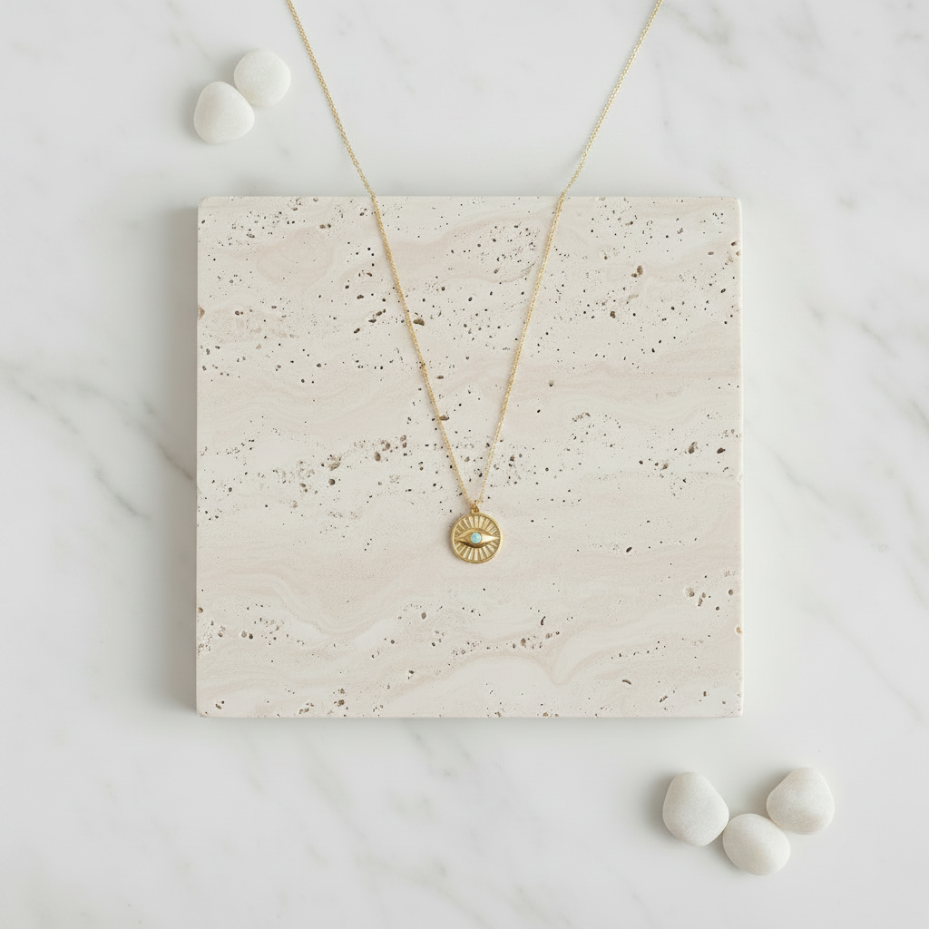 Third eye mini medallion necklace worn for layering — spiritual symbol jewelry for intuition