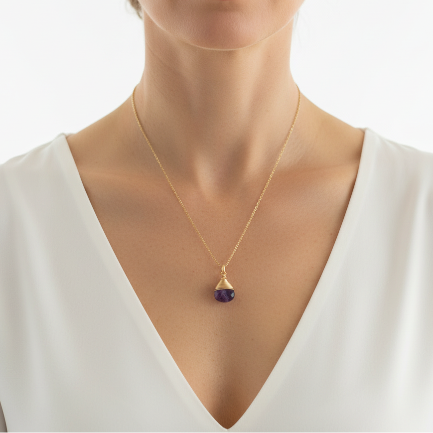Amethyst Wrapped Drop Necklace