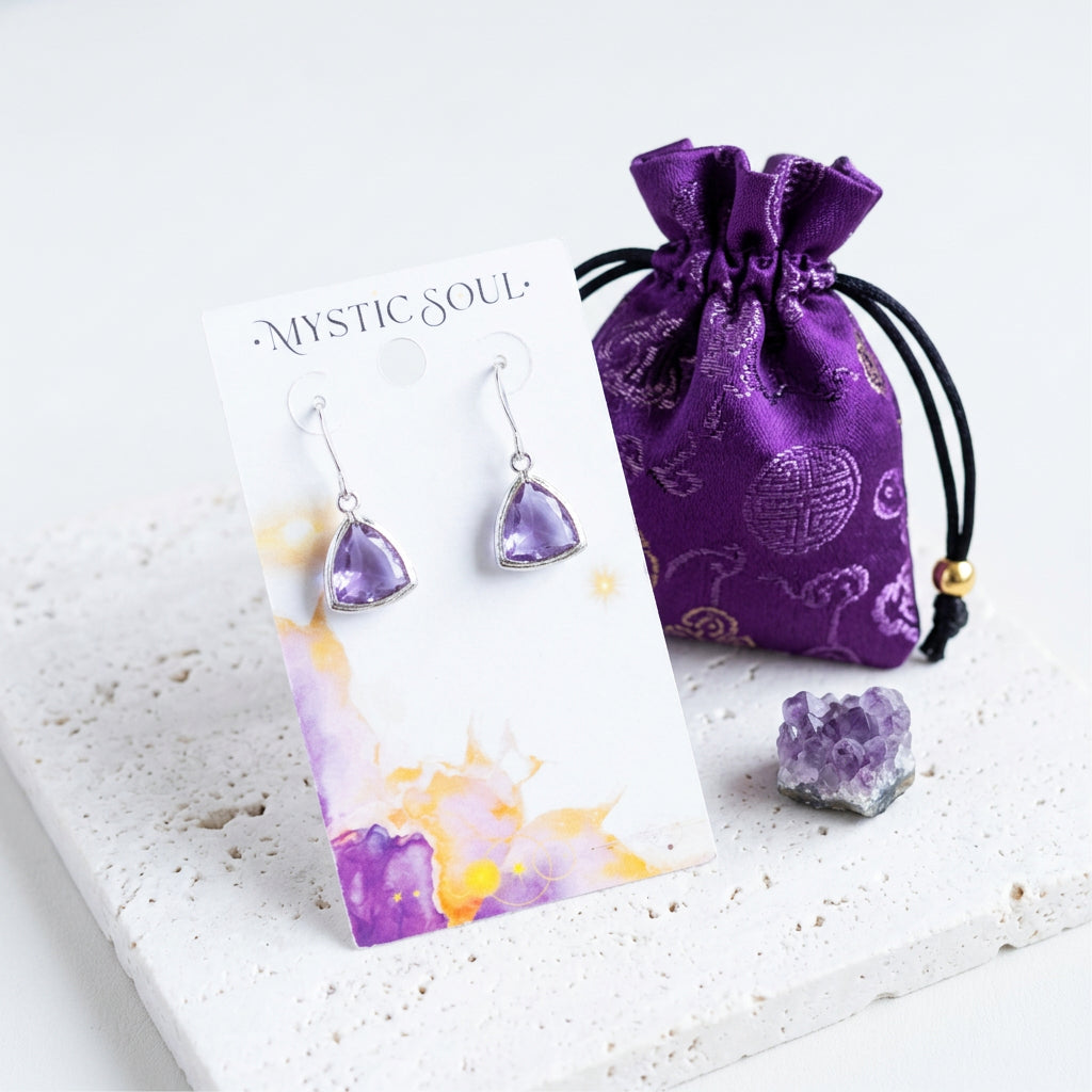 Lilac light purple faceted glass Athena earrings with Mystic Soul gift tag and satin pouch, February birthstone colour