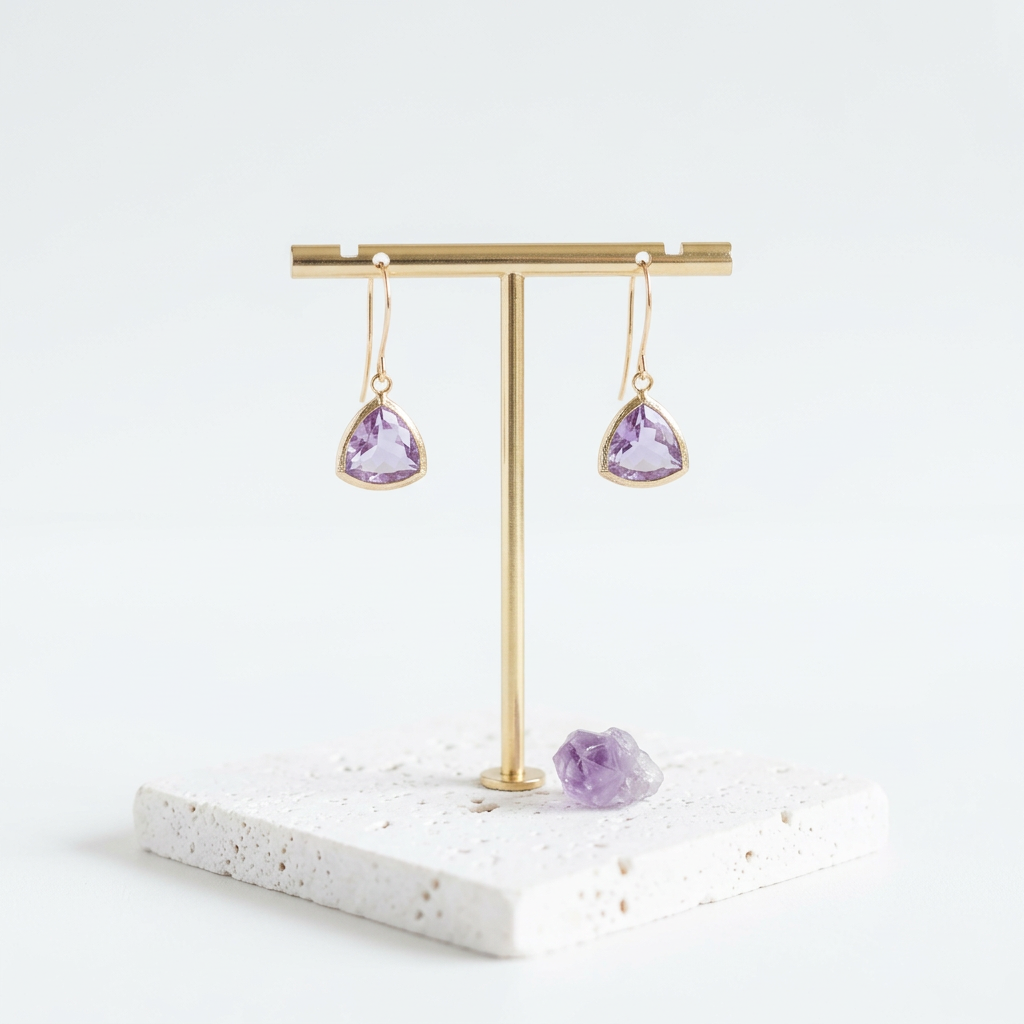 Gold Athena drop earrings with lilac light purple faceted glass, February birthstone colour