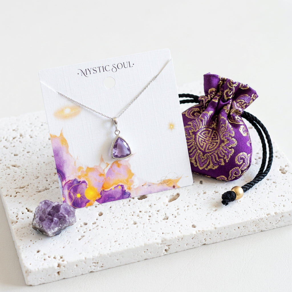 Gold lilac light purple faceted glass Athena necklace with Mystic Soul gift tag and satin pouch