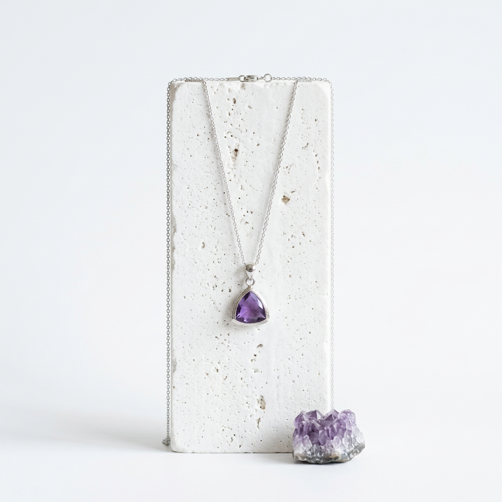 Silver Athena necklace with lilac light purple faceted glass pendant, February birthstone colour