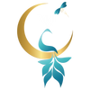 mystic soul jewelry transparent logo with white text, gold moon, blue peacock and dragonfly