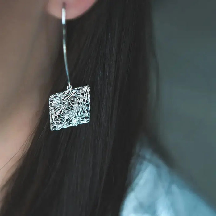 Long Silver Earrings | Global Connection Square - Mystic Soul Jewelry