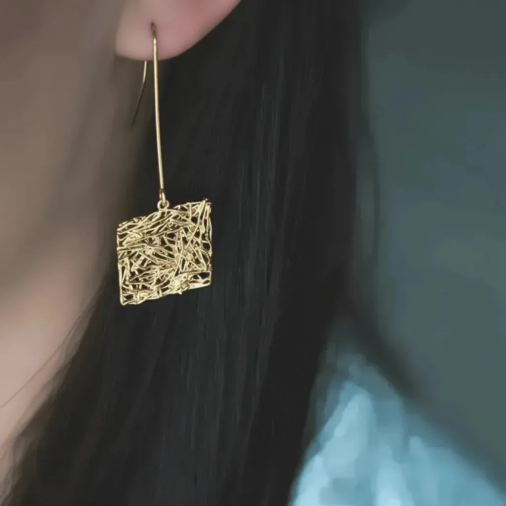 Global Connection Long Earrings | Circle or Square | Gold or Silver Plated