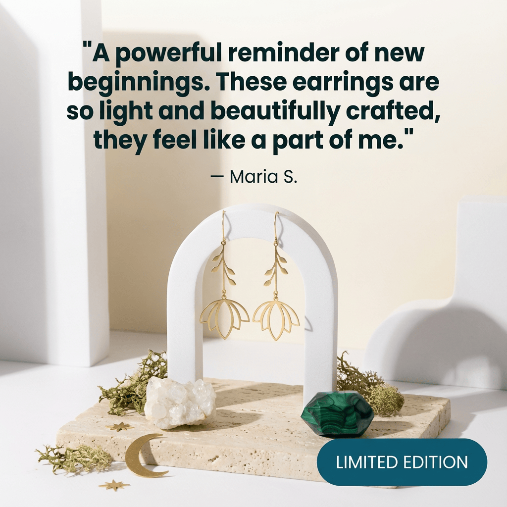 Gold earrings on a white arch with decorative elements and a quote about them.