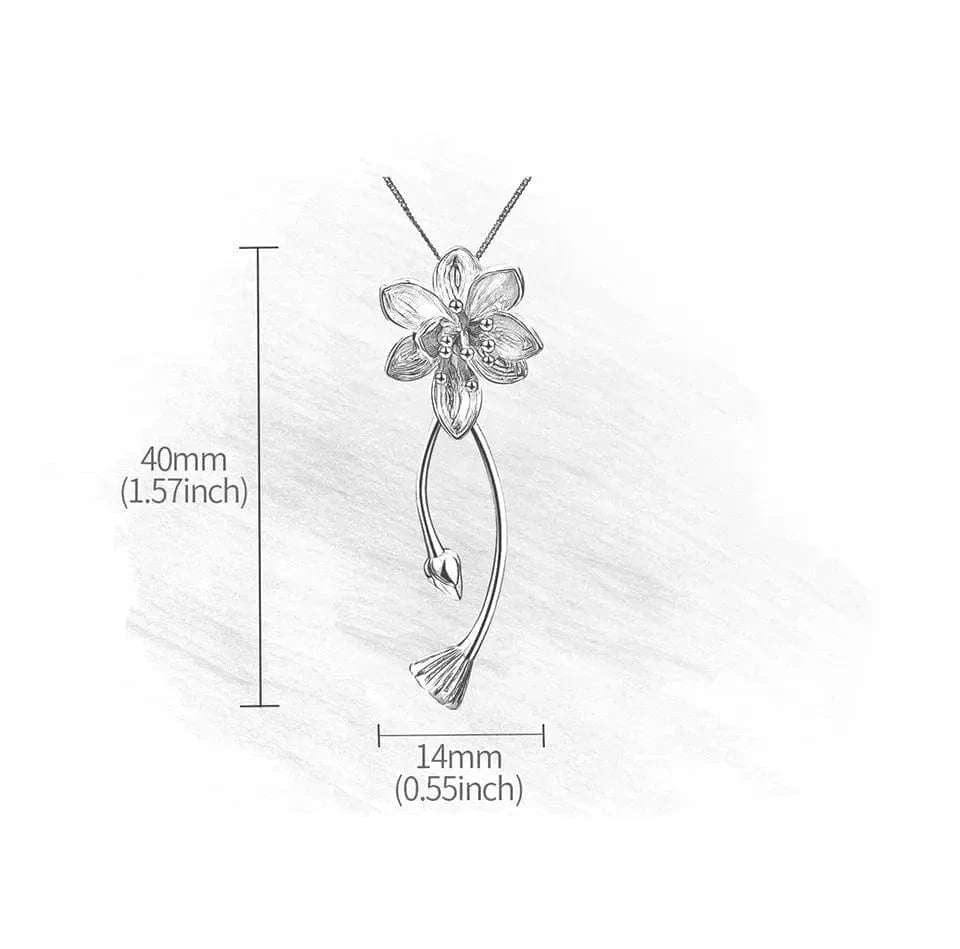 Silver flower pendant with dimensions on a light background