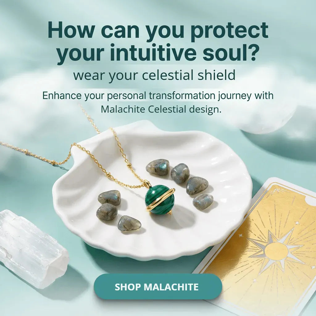 Necklace with malachite stone on a white dish, surrounded by stones and tarot cards on a light blue background.