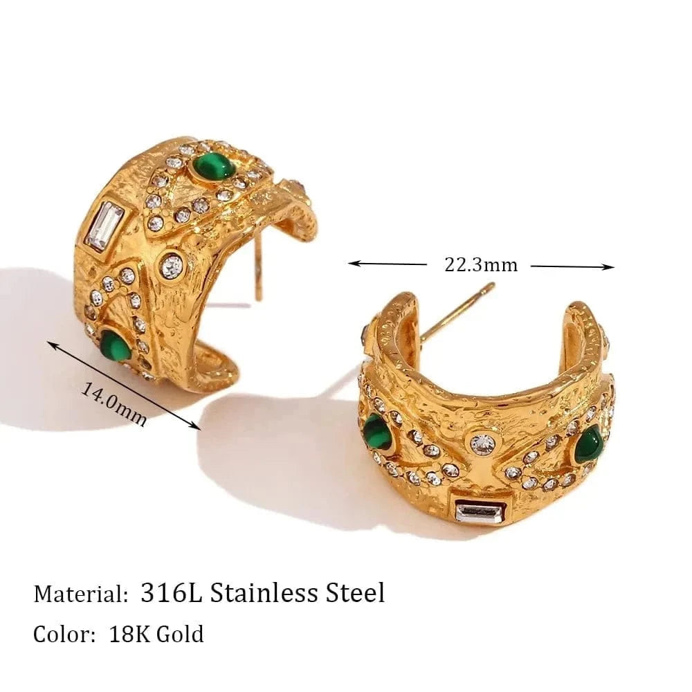 Gold hoop earrings with green gemstones and measurements on a white background