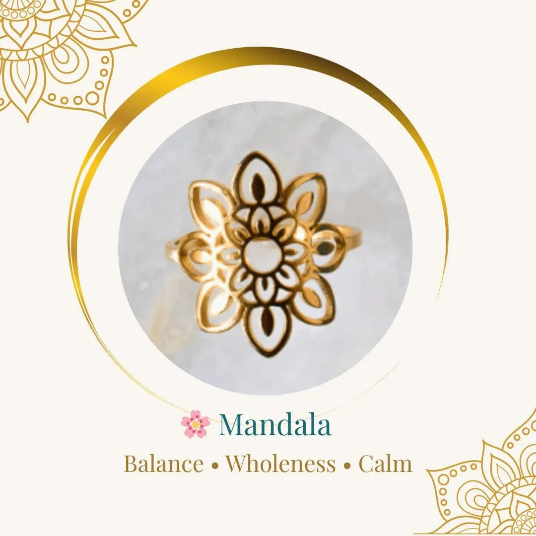 Decorative mandala design with gold and black colors on a white background, featuring the word 'Mandala' and its associated meanings.