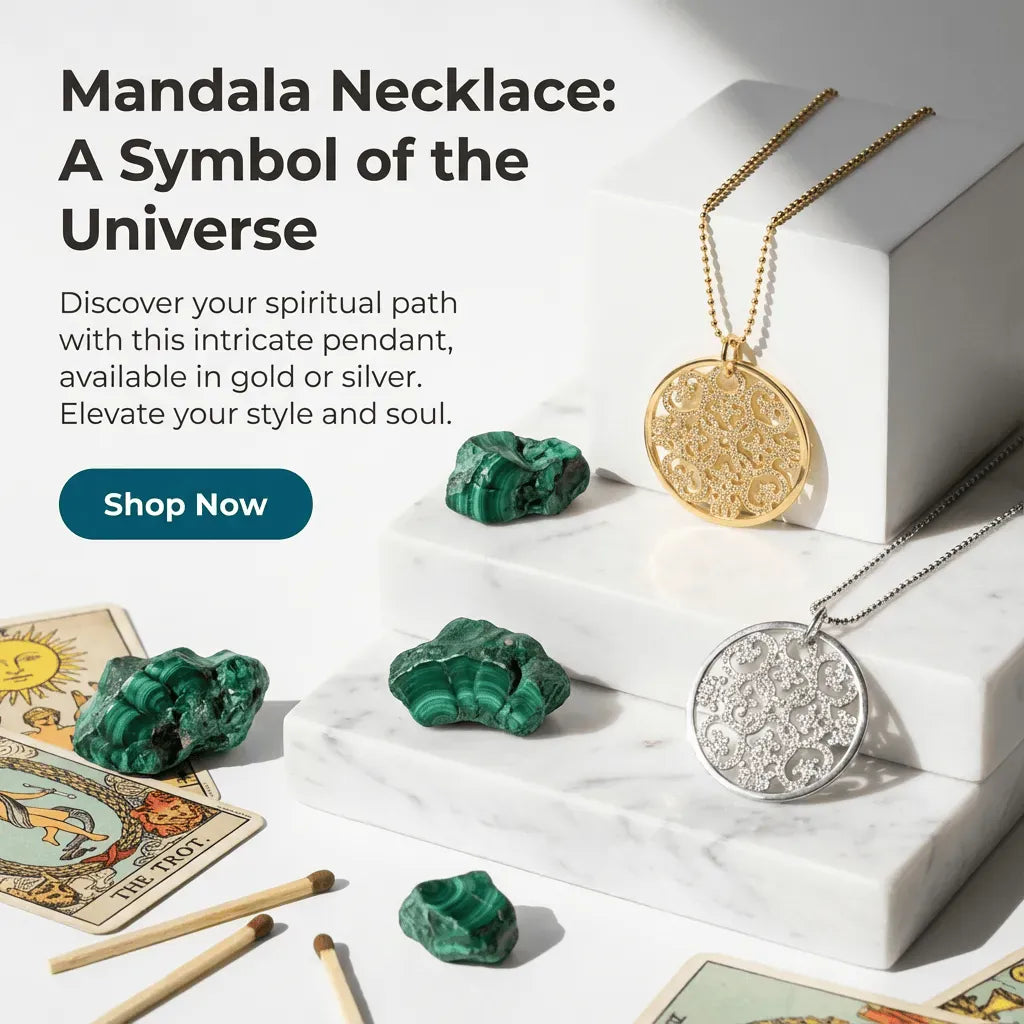 Mandala necklace with gold and silver pendants on a white surface with tarot cards and crystals.