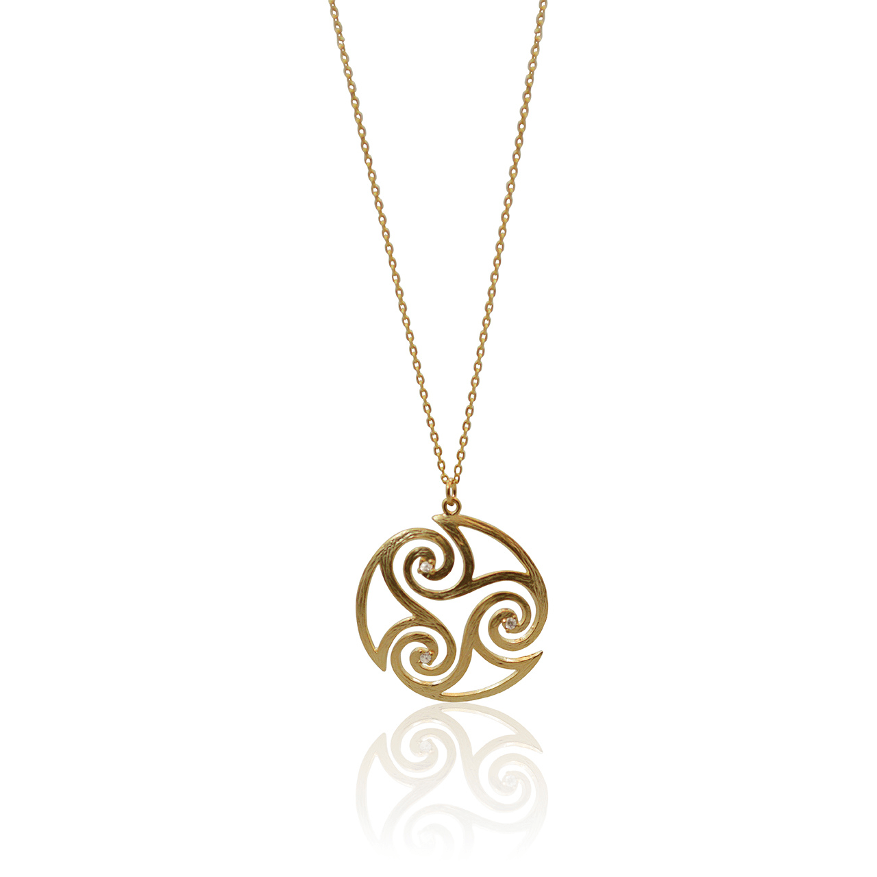 Gold necklace with a triskele pendant on a white background