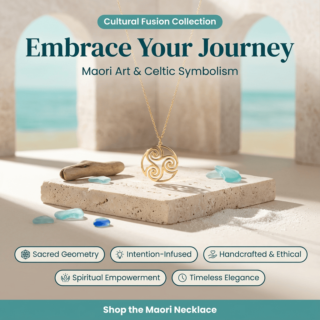 Maori necklace on a stone platform with ocean view, featuring 'Cultural Fusion Collection' text.