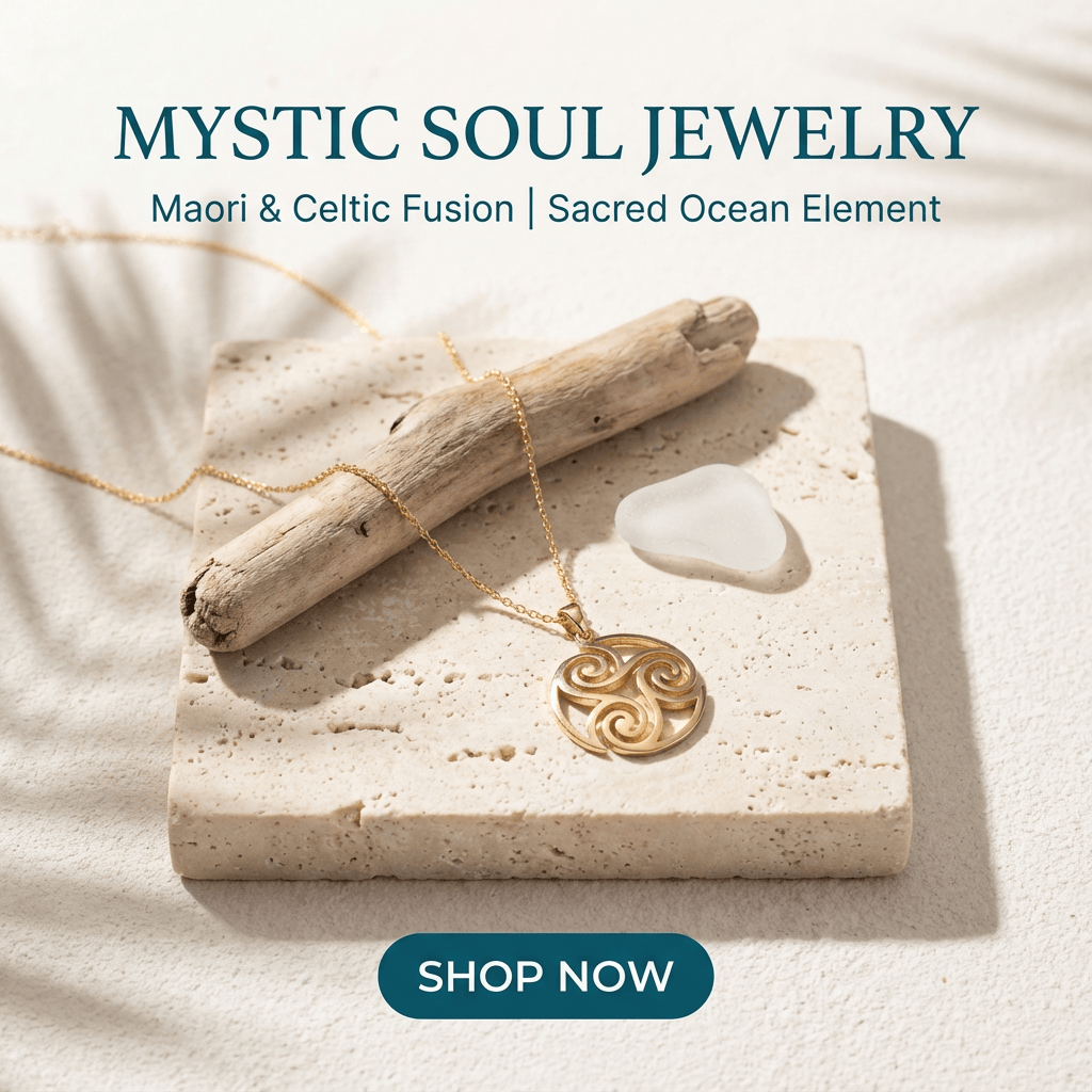 Mystic Soul Jewelry necklace with gold pendant on a stone surface with text 'Mystic Soul Jewelry' and 'Shop Now' button.