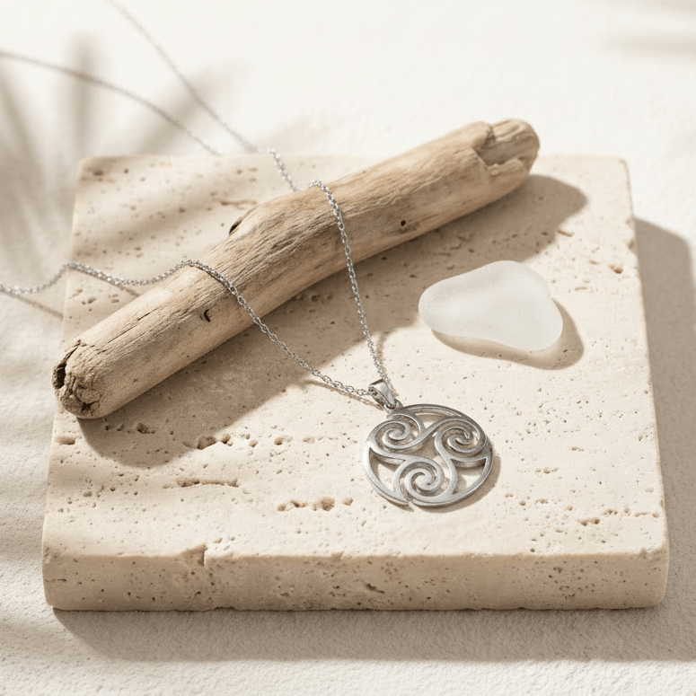 Silver necklace with a triskele pendant on a stone surface with a piece of driftwood and a white stone.
