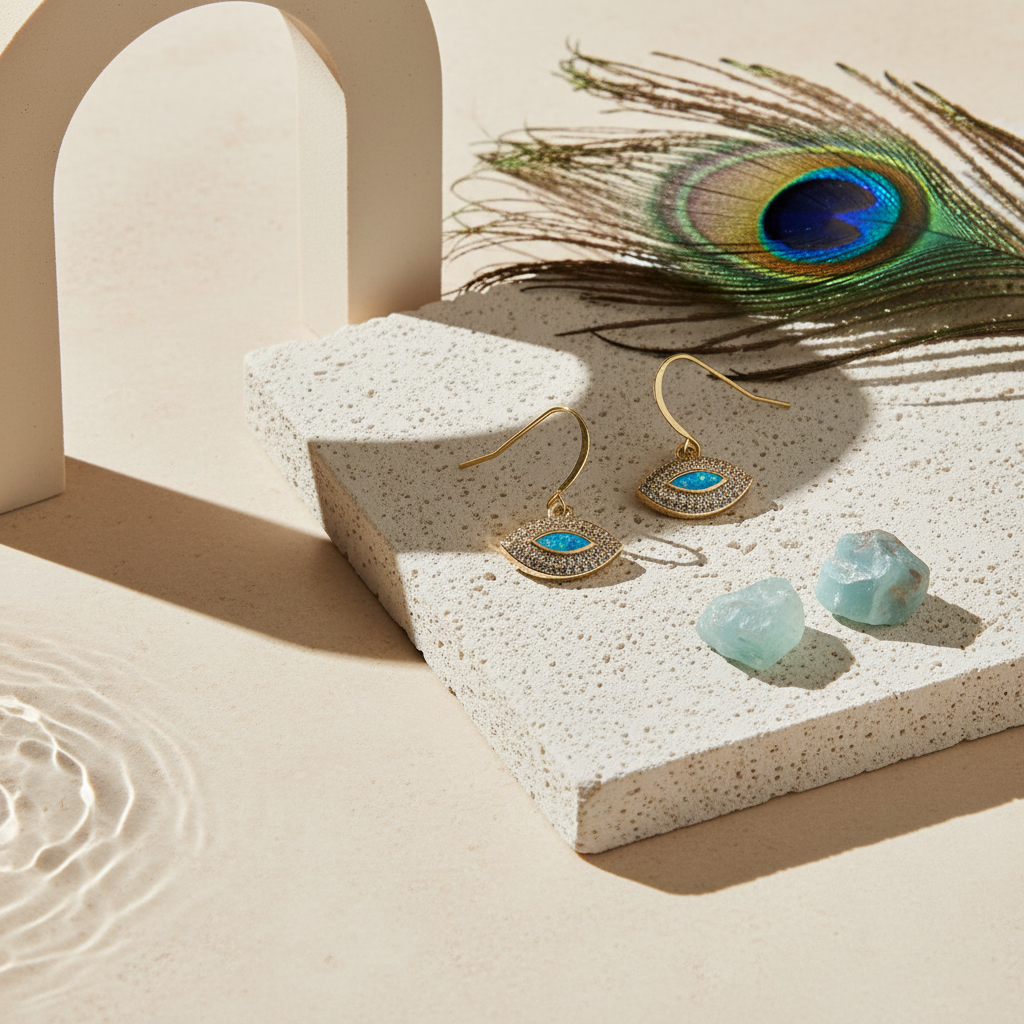 Gold plated marquise evil eye leverback earrings with faux opal centre and pave crystal surround