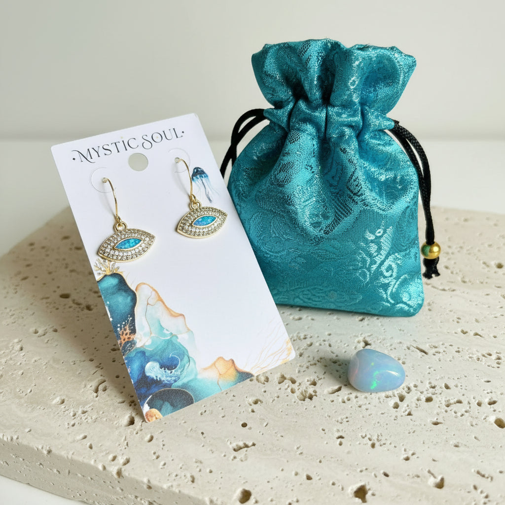 Gold plated marquise evil eye leverback earrings on a Mystic Soul Jewelry card with gift bag