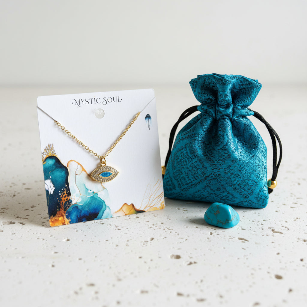 Gold plated marquise evil eye necklace with faux opal centre on a Mystic Soul Jewelry card with tag