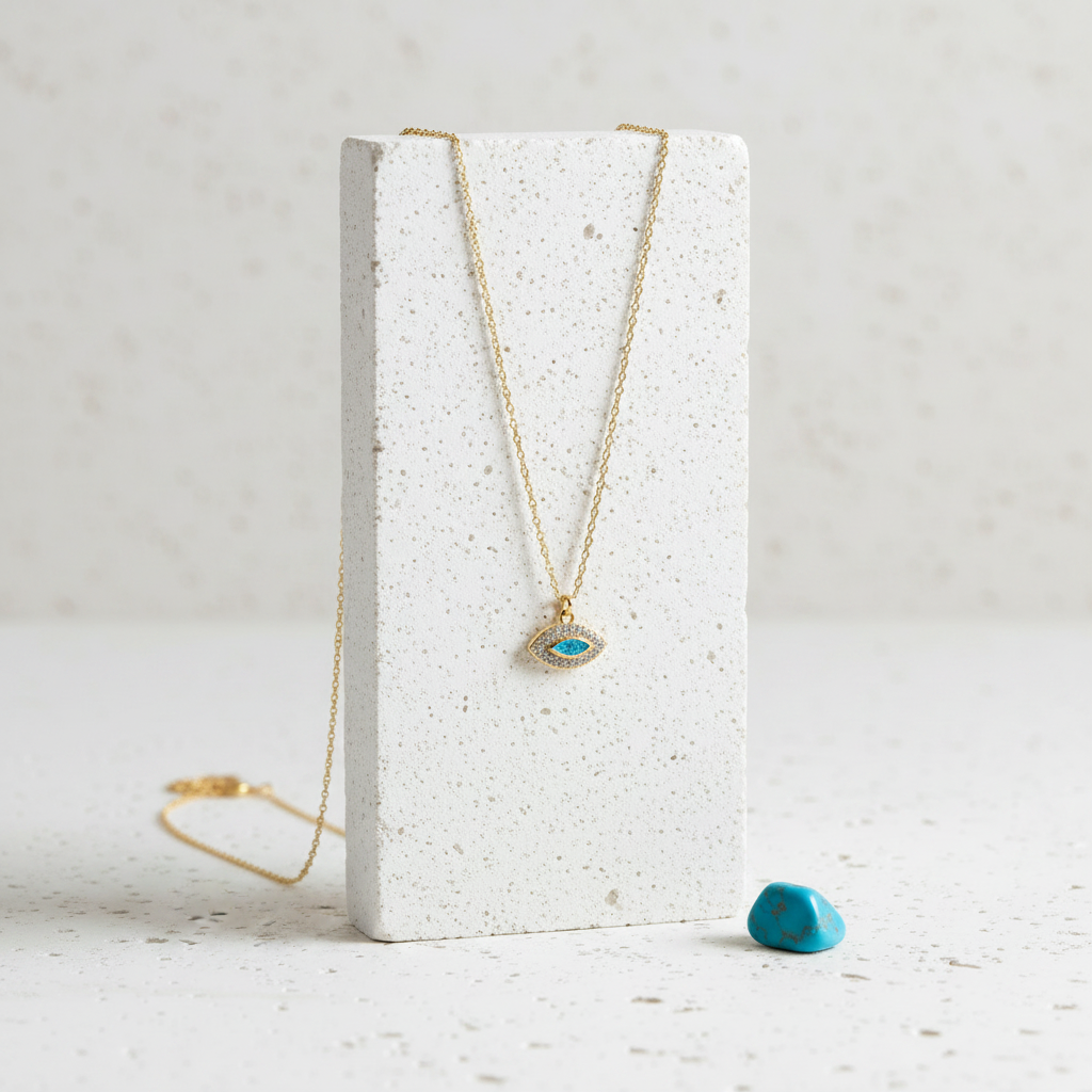 Gold plated marquise evil eye necklace with faux opal centre displayed on a jewelry stand