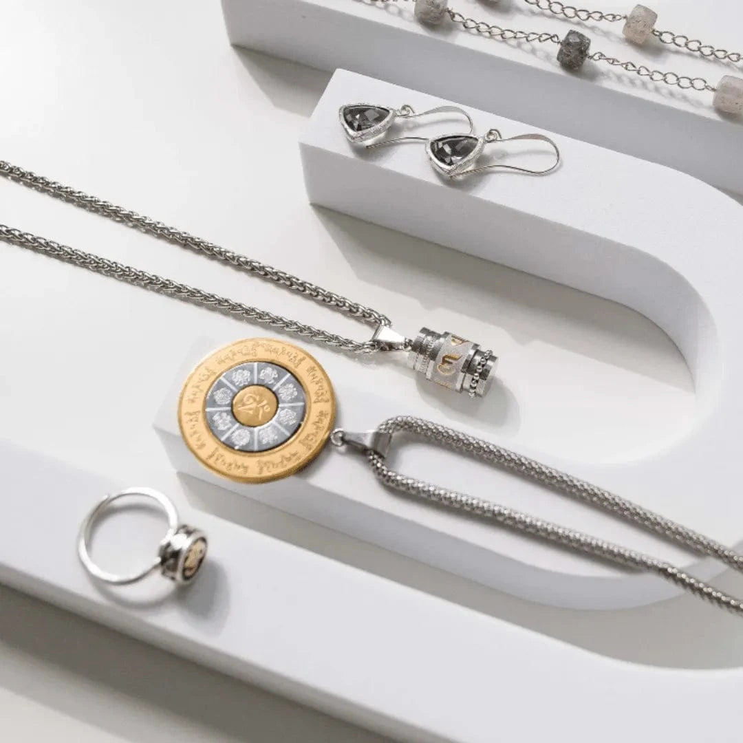 Jewelry set including a necklace, ring, and earrings on a white surface.