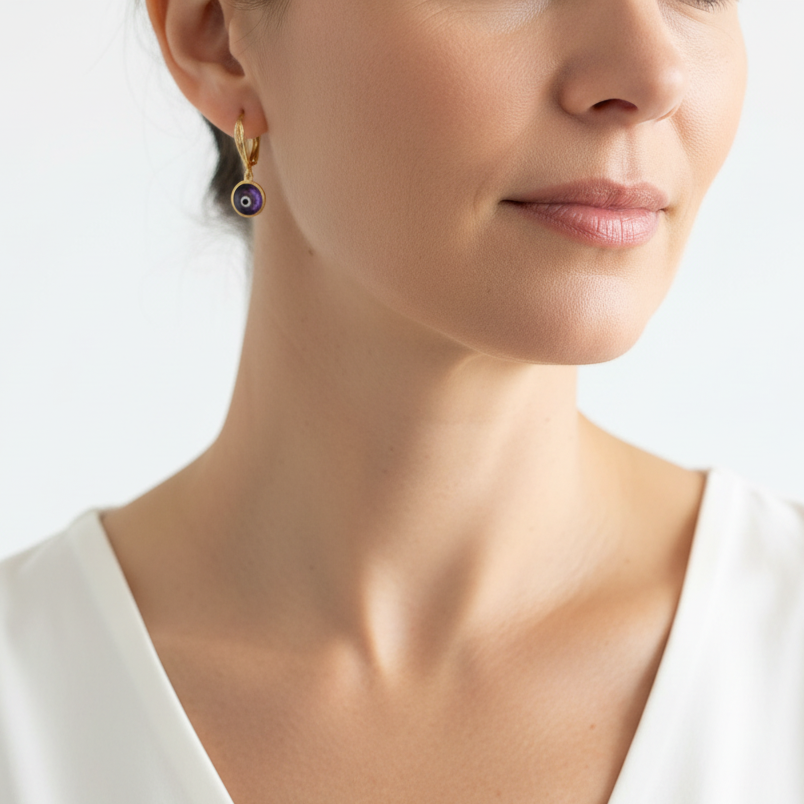 Mini evil eye leverback earrings in gold, protection symbol jewelry